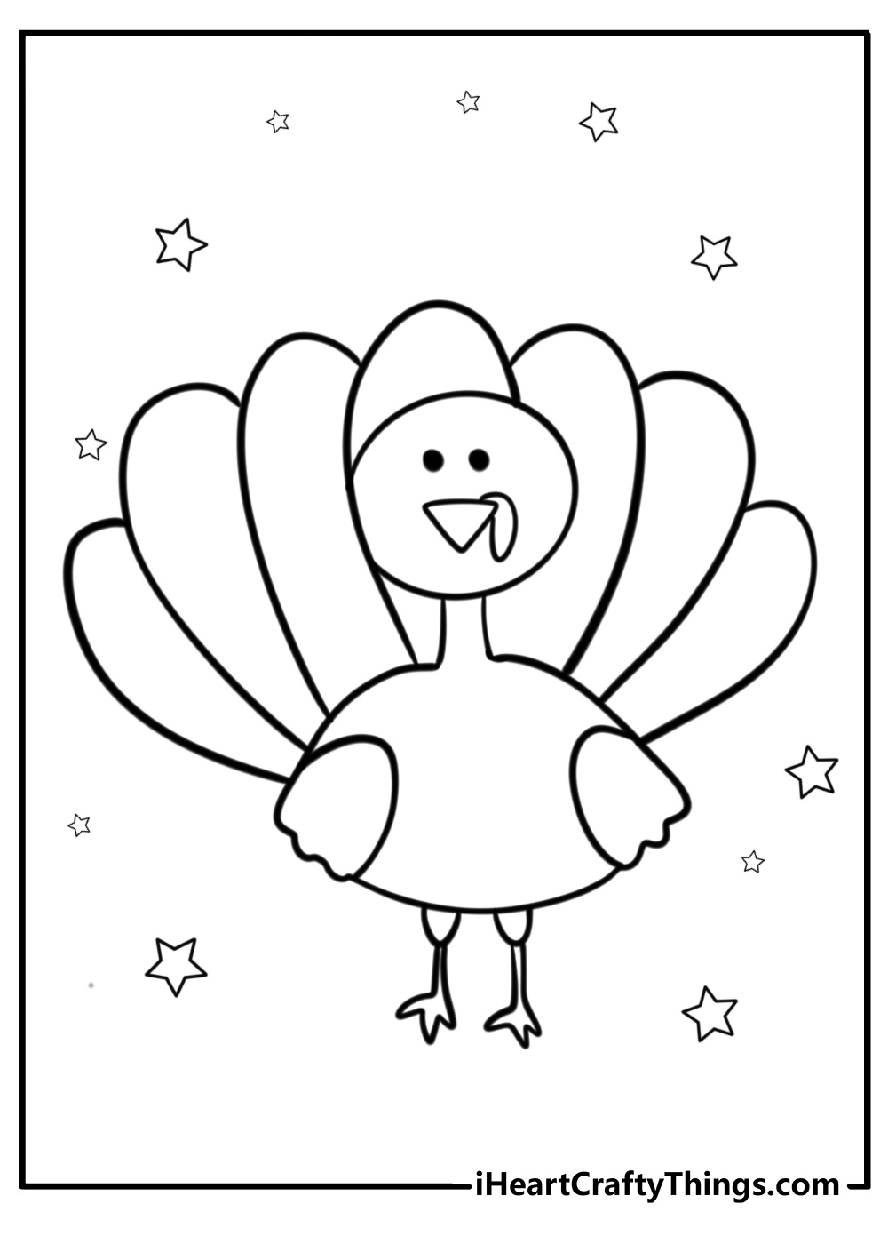 Cute turkey with feathers spread wide coloring page for kids