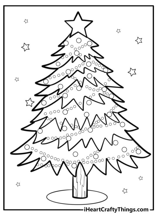 Free printable picture featuring Christmas tree decorated with lights all over it