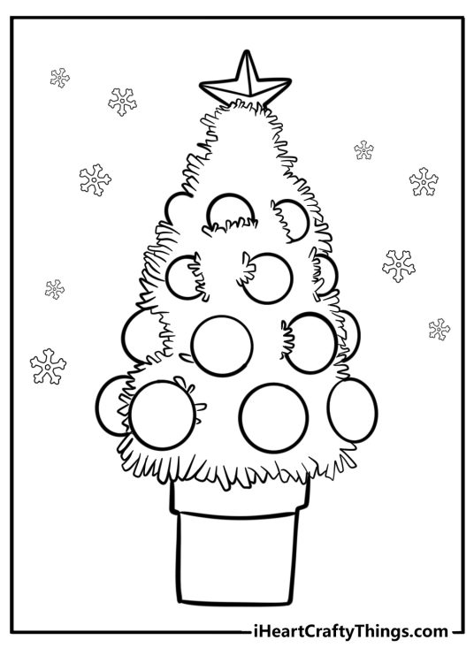 Printable page featuring fluffy Christmas tree in a tall pot decorated with big baubles