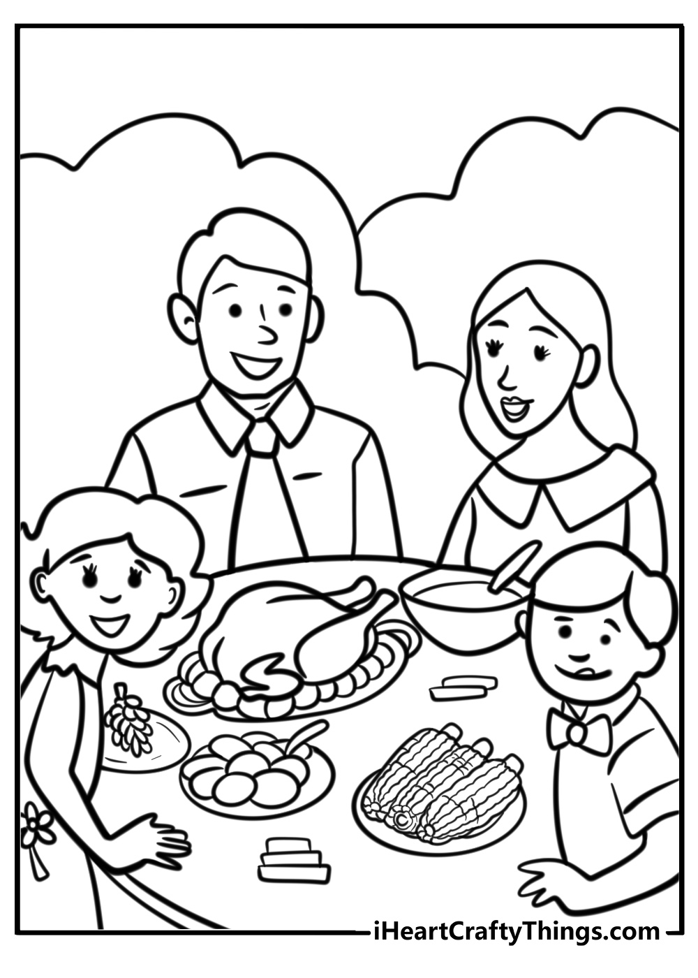 Family of four at Thanksgiving dinner table full of traditional meals printable sheet to color