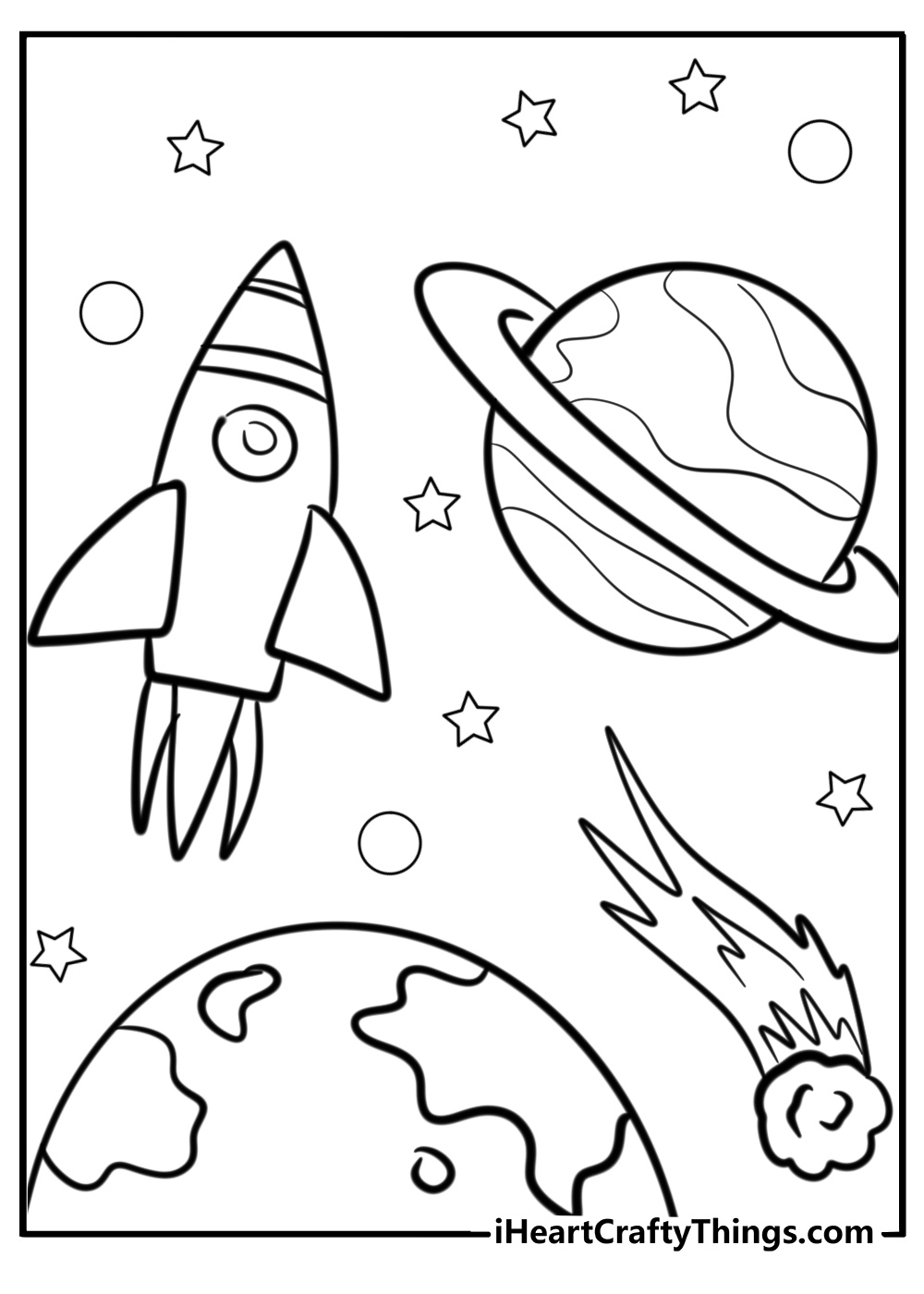 Outer Space coloring page featuring planets Earth and Saturn, a rocket and a comet surrounded by many stars