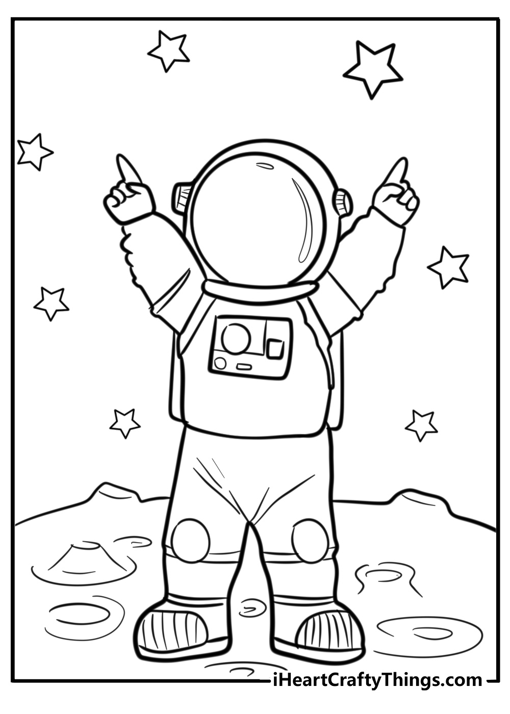 Outer Space printable pdf featuring an astronaut landed on the Moon holding both hands up