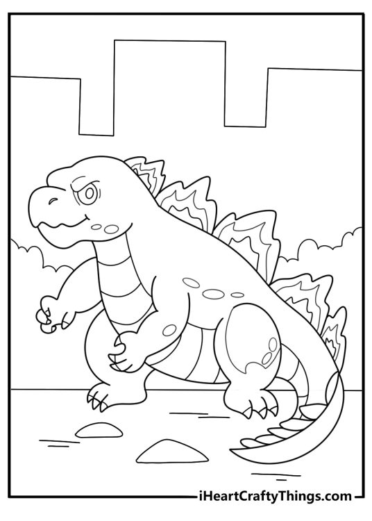 full size Godzilla with reptilian crocodile like body free printable coloring page for adults