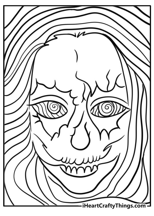 Funky face with big eyes and swirls in a simple trippy coloring page