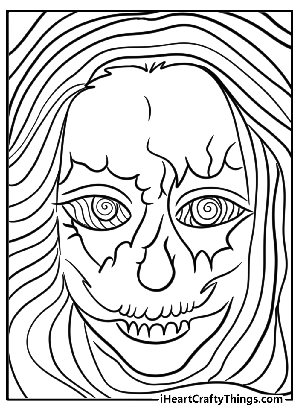 Funky face with big eyes and swirls in a simple trippy coloring page