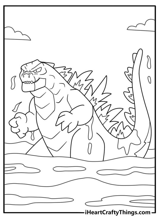 giant Godzilla rising from underwater free coloring page pdf