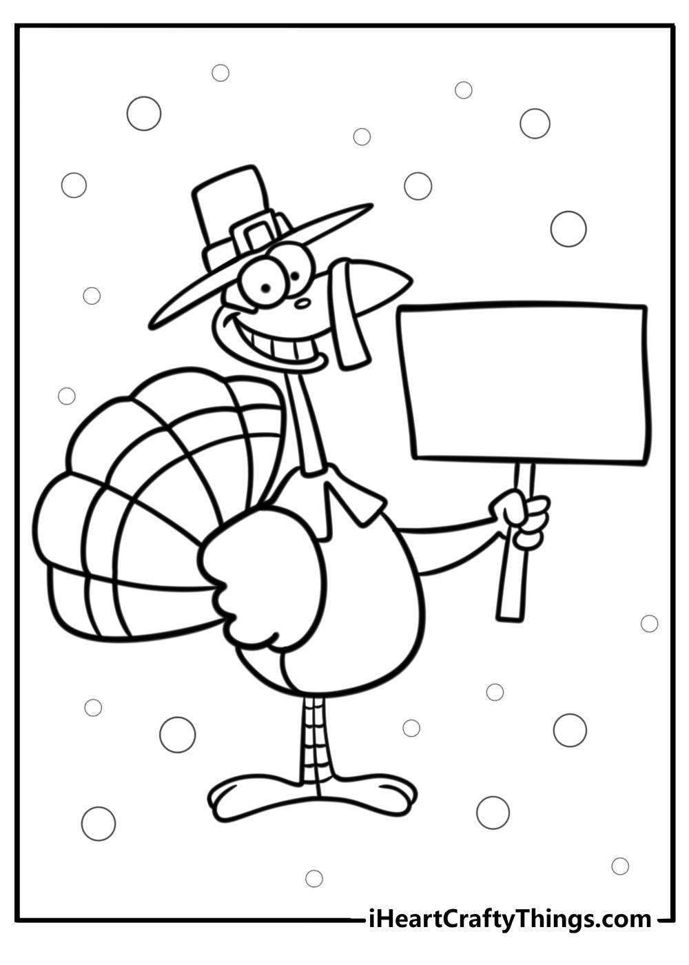 Detailed black-and-white drawing of a cartoony turkey with a hat holding a sign