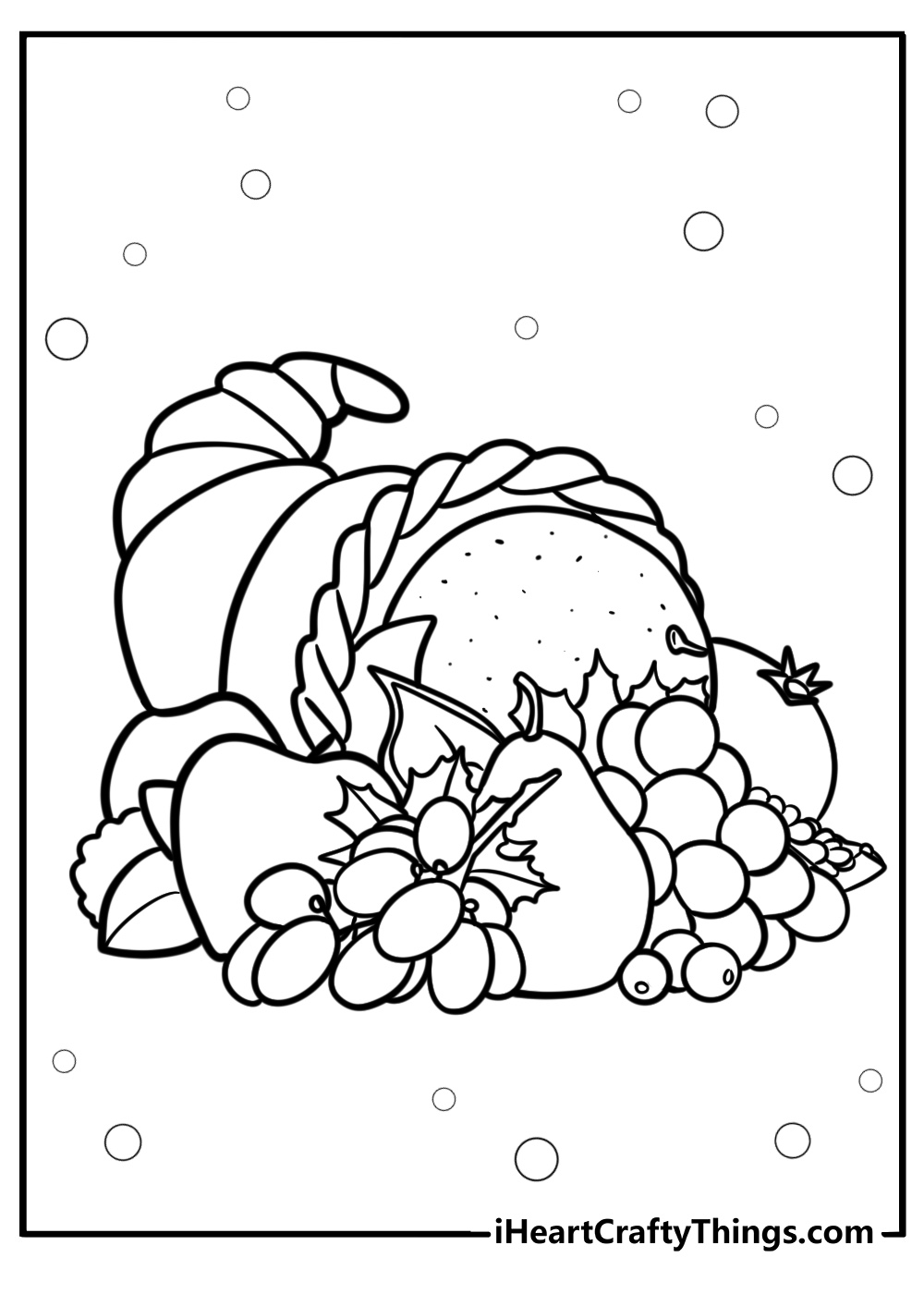 Printable page to color featuring harvest cornucopia with fruits spilling from it and bubbles in the background