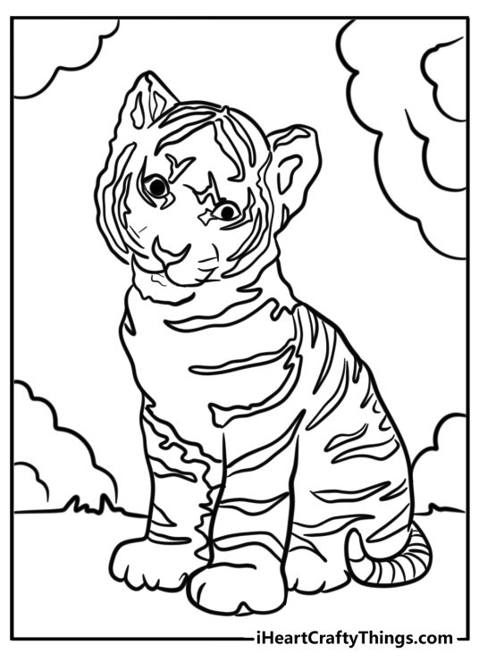 Detailed coloring drawing for kids presenting young tiger calmly sitting surrounded by nature