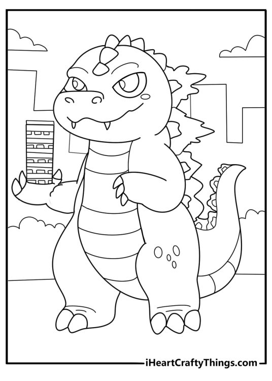 kawaii style Godzilla holding tiny building fun coloring sheet