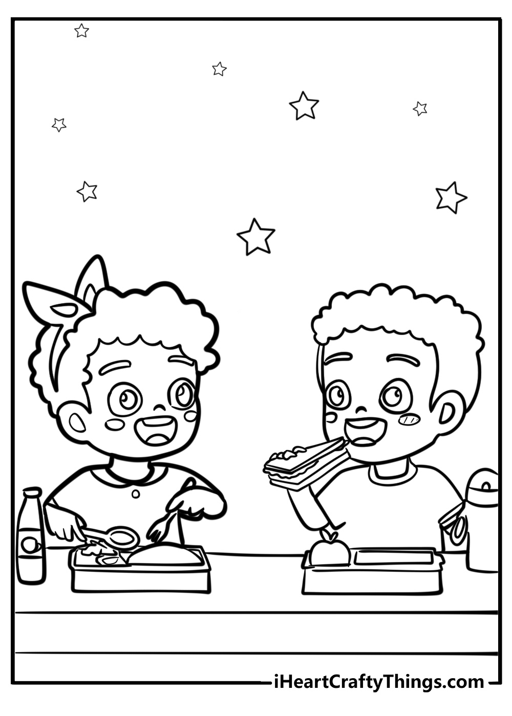 Kids having snack time in kindergarten detailed coloring sheet