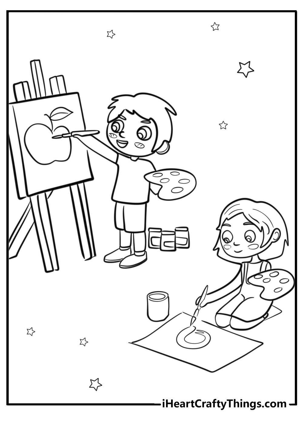 Kids painting and drawing in kindergarten coloring page