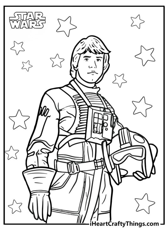 Printable coloring image of a Star Wars character Luke Skywalker surrounded by stars
