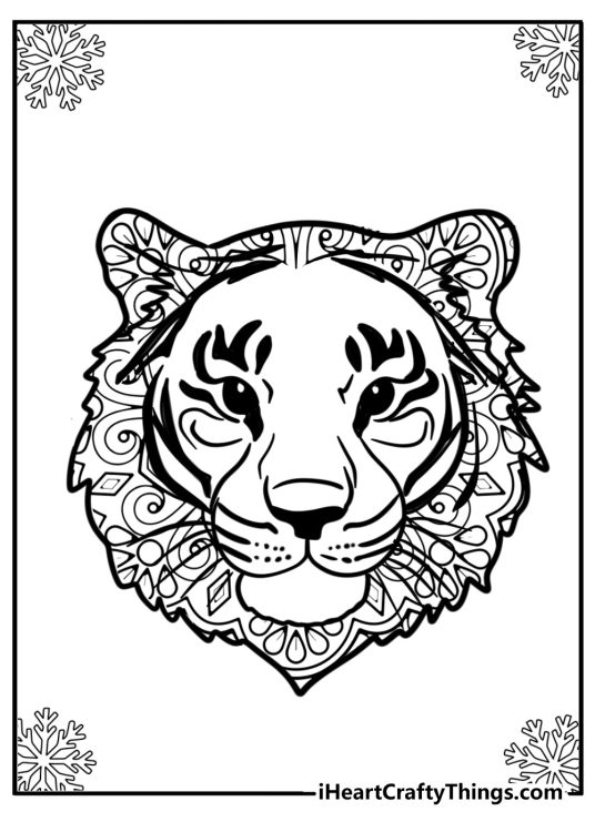 Detailed coloring sheet for aduts featuring tiger head with mandala pattern instead of stripes