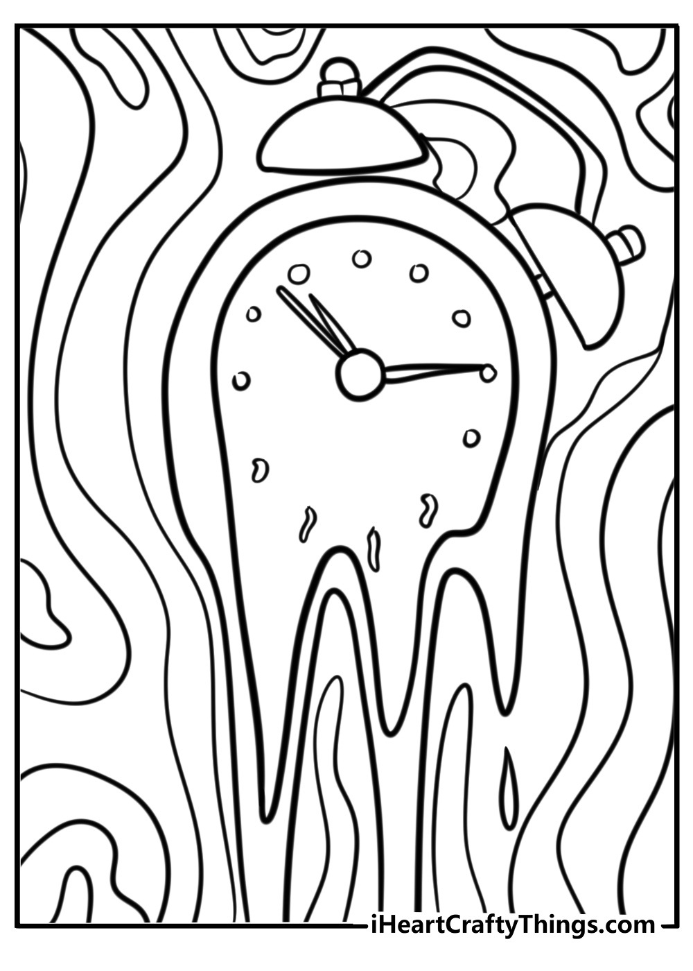 Melted clock surrounded by swirls in a dreamlike coloring page