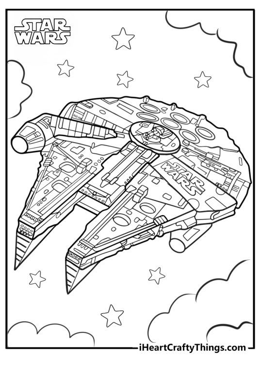 Detailed coloring drawing of a Millennium Falcon ship from Star Wars surrounded by stars and clouds