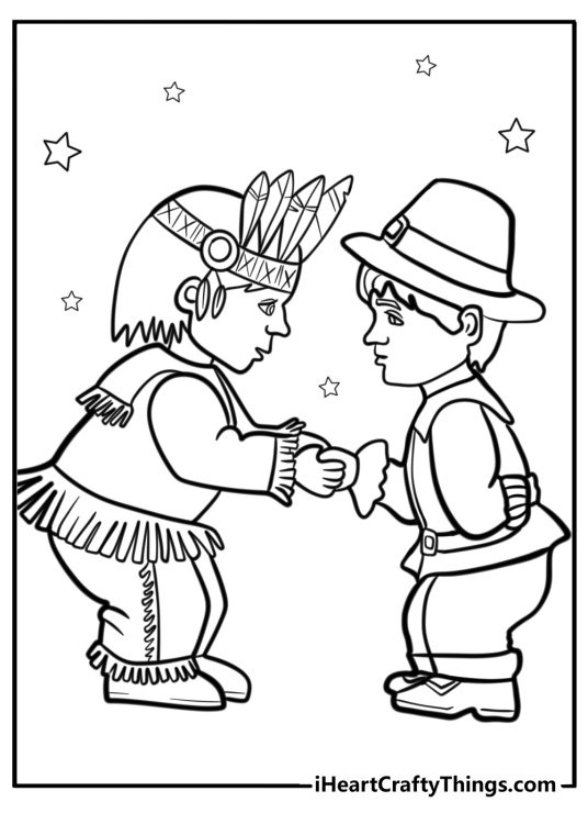 Thanksgiving coloring page of a Native American on the left and Pilgrim on the right side shaking hands