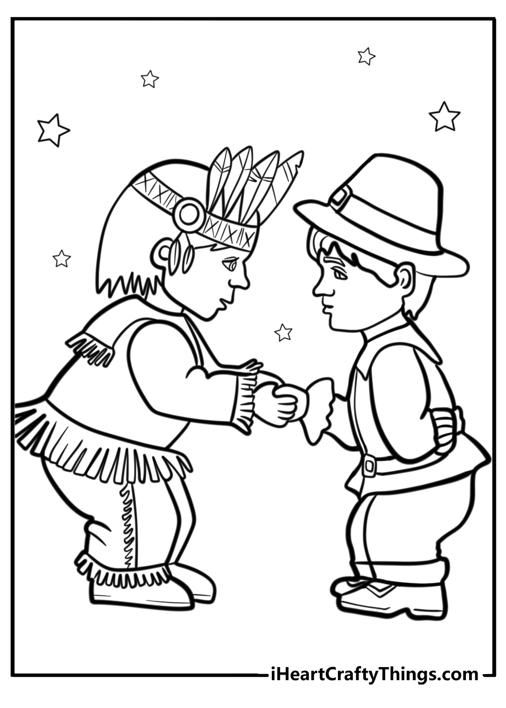 Thanksgiving coloring page of a Native American on the left and Pilgrim on the right side shaking hands