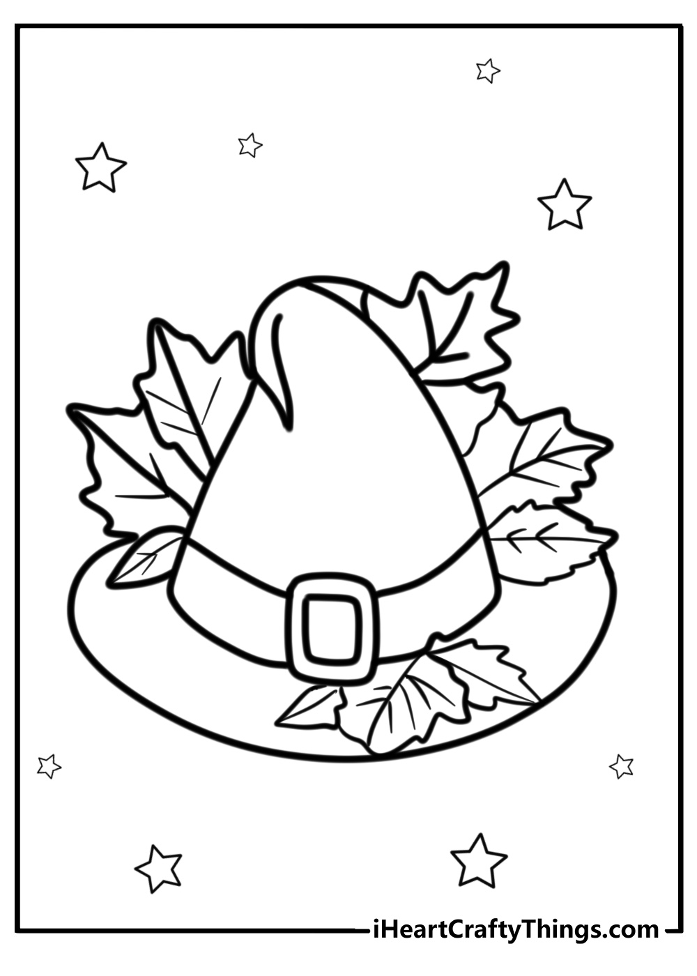 Pilgrim hat with Fall leaves in the centre surrounded by stars free coloring picture for kids