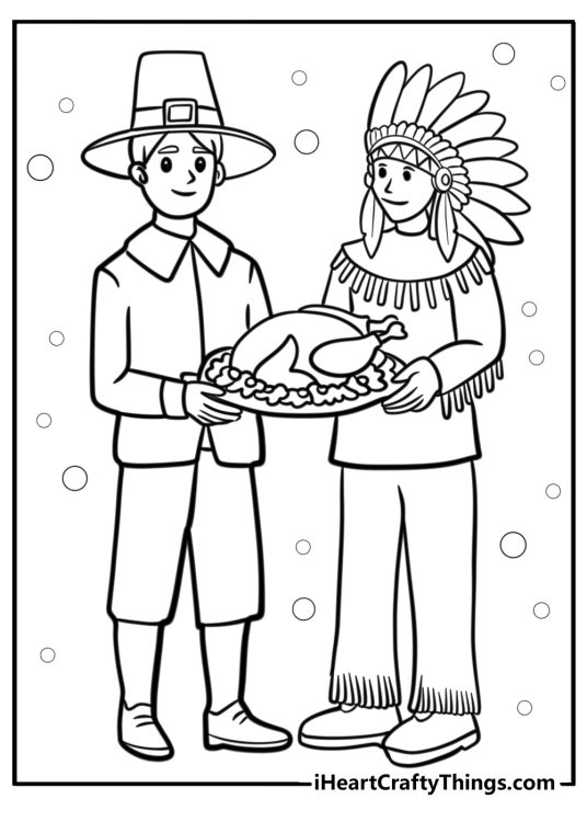 Free coloring page featuring full size Pilgrim and Native American holding a large tray with a Thanksgiving turkey