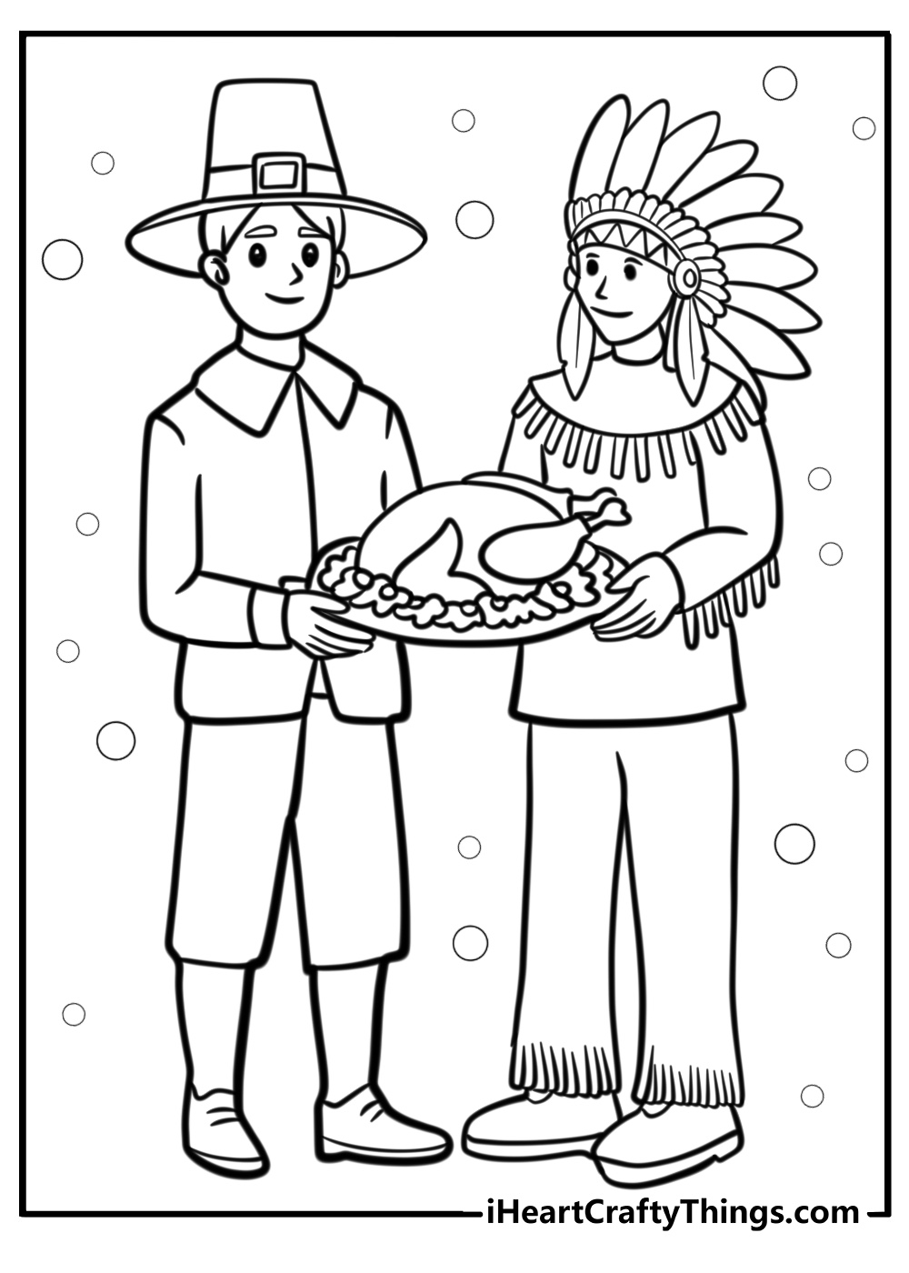 Free coloring page featuring full size Pilgrim and Native American holding a large tray with a Thanksgiving turkey