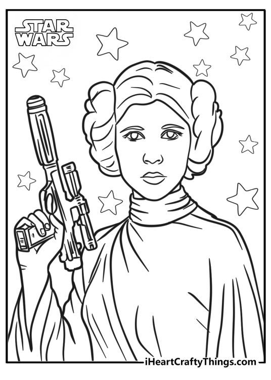 Coloring portrayal of a Princess Leia from Star Wars holding a gun with stars in the background