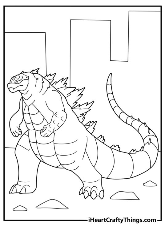 printable page featuring full size Godzilla from back lined with armored plates and long tail coloring sheet