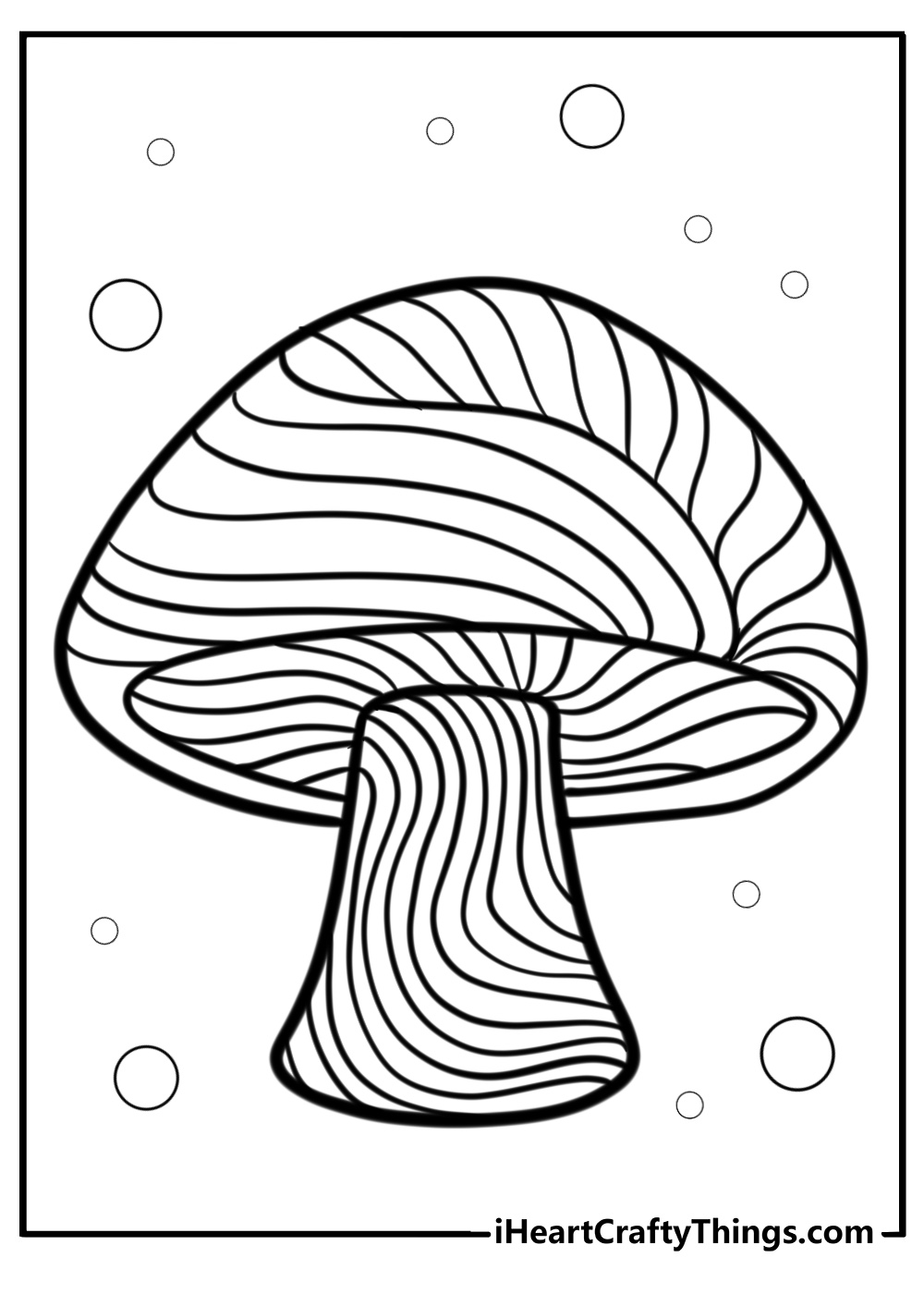 Psychedelic mushroom design with wavy lines and bright details to color