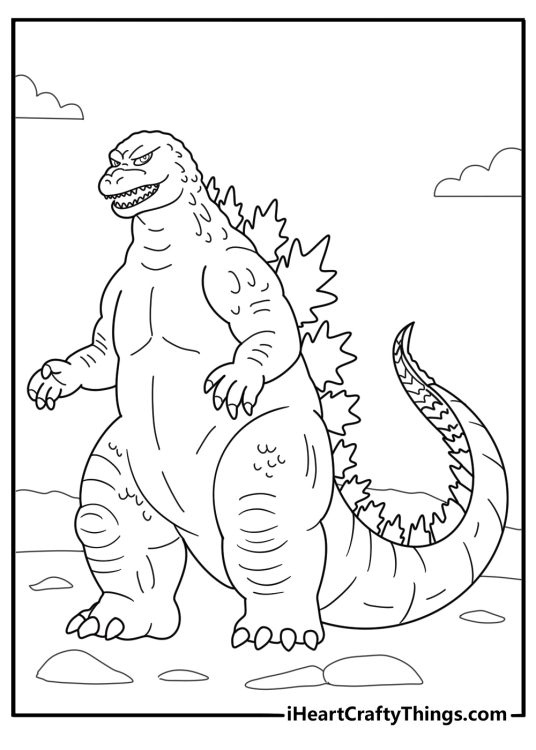 realistic Godzilla with reptile skin texture detailed coloring sheet