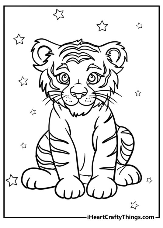 Image of a baby tiger with big eyes and long whiskers sitting surrounded by stars