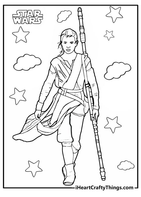 Detailed coloring drawing of a Star Wars character Rey Skywalker with a lightsaber surrounded by stars and clouds