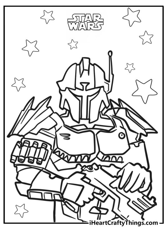 Detailed drawing of the Mandalorian with a Star Wars phrase above his head and stars all around him
