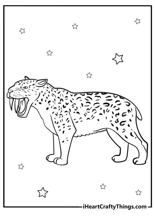 Tiger-themed picture presenting saber tooth tiger standing turned to the left side with stars all around him