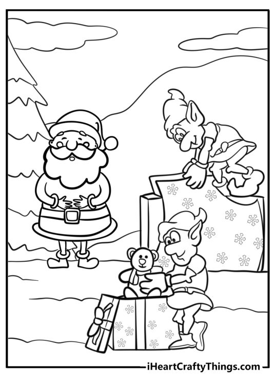 Coloring picture for children featuring cartoony Santa and two Elfs wrapping gifts