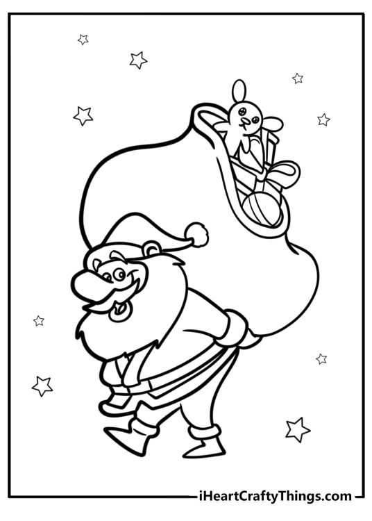 Printable coloring page for children of a cartoony Santa carrying a huge sack of toys surrounded by stars
