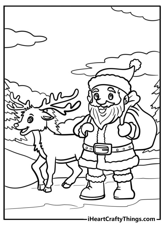 Detailed printable drawing depicting Santa Claus walking with reindeer in the forest