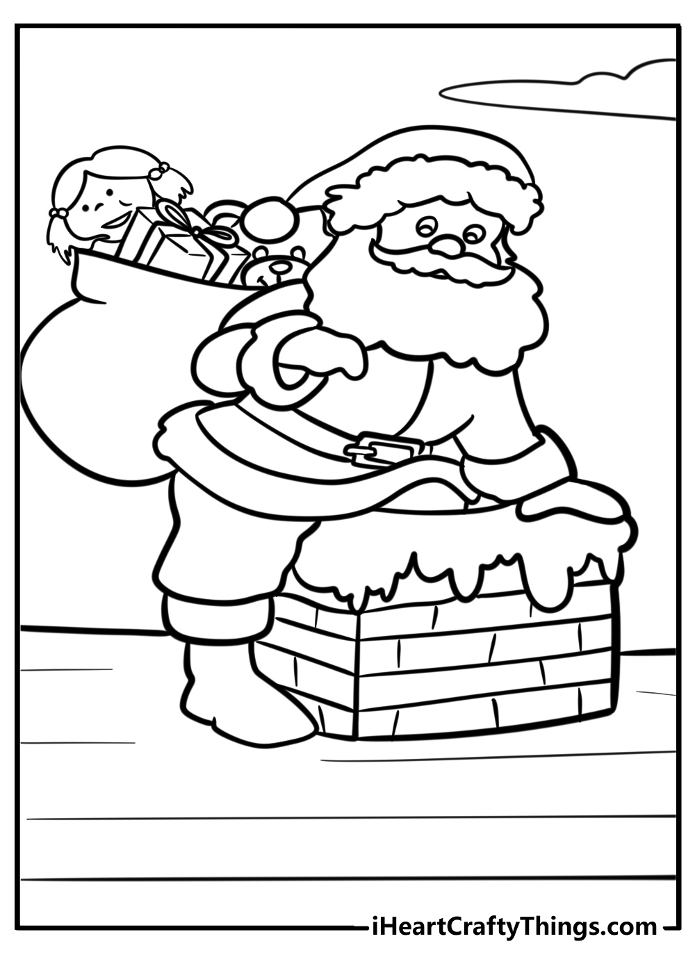 Santa delivering gifts down the chimney free printable coloring page