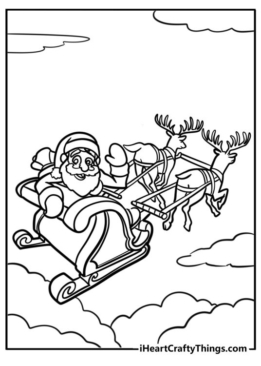Free picture to print of a Santa flying in his sleigh with two reindeers surrounded by clouds and waving to us