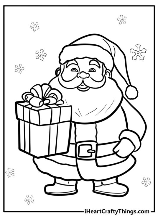 Picture for kids presenting Santa holding a big present with snowflakes in the background