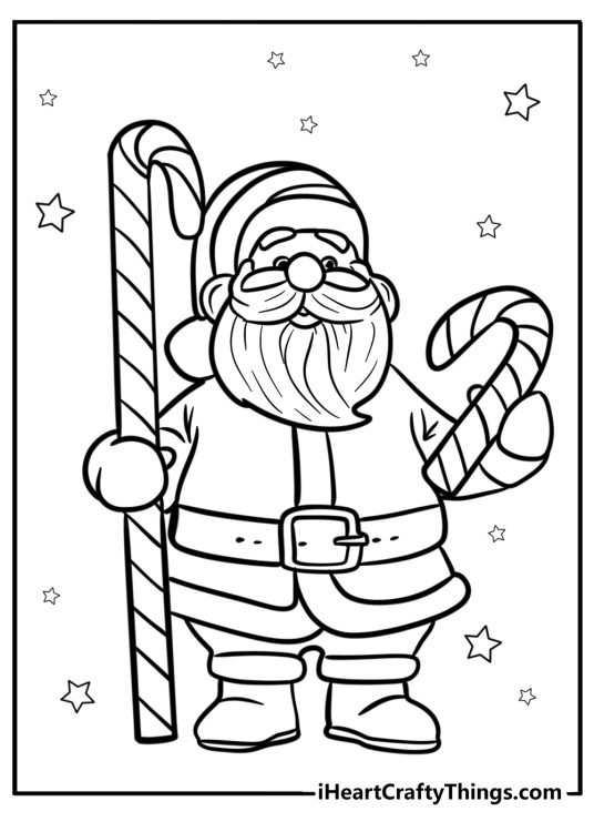 Coloring image of a Santa holding a two large candy canes with stars all around him