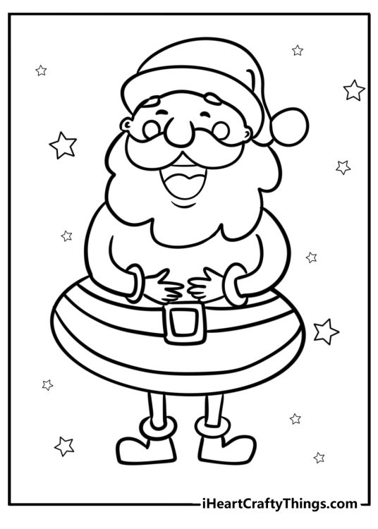 Printable page for children featuring Santa holding his hands on his belly while laughing
