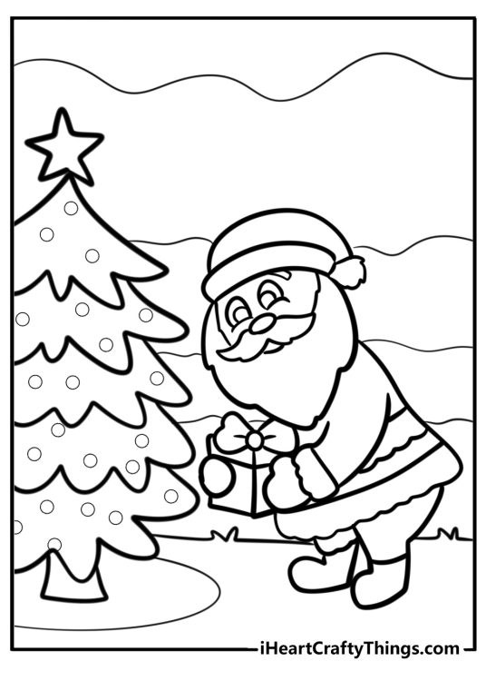 Printable pdf featuyring simple drawing of a Santa putting a present under the tree