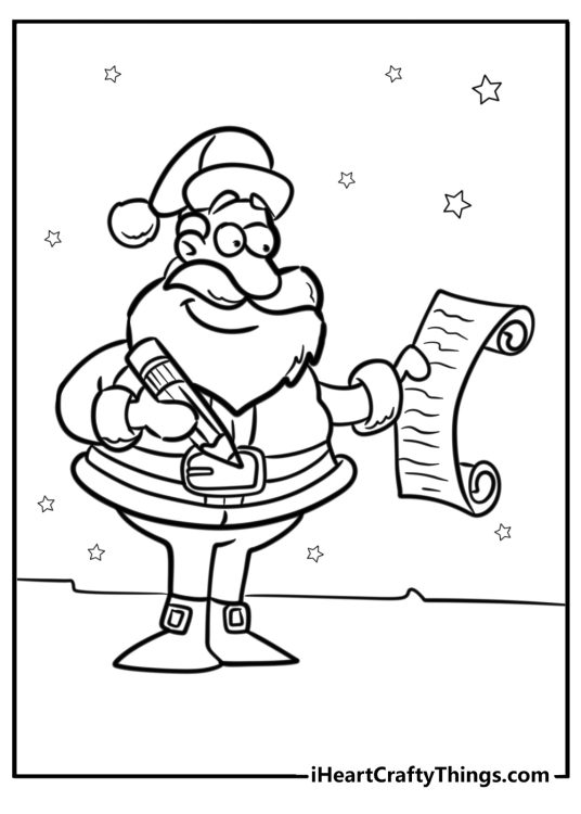 Printable picture of a cartoony Santa reading a childs Christmas list with stars all around him