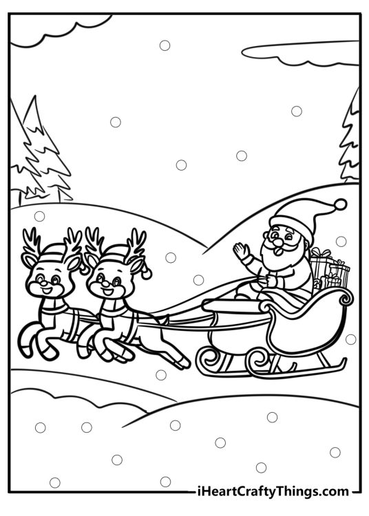 Detailed drawing to color depicting happy Santa riding in his sleigh through the snow