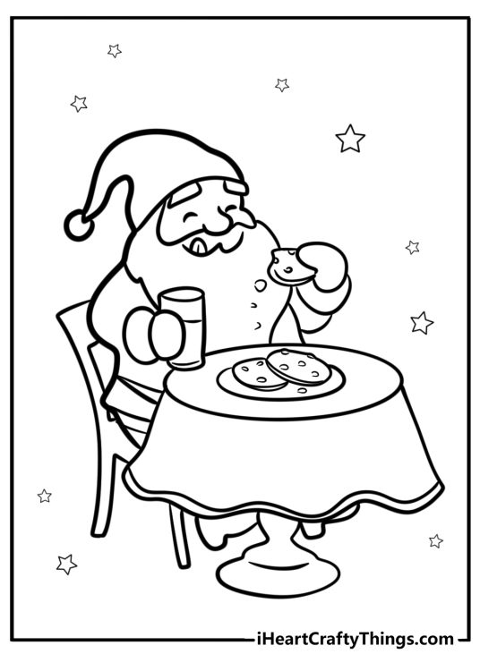 Free printable page for kids featuring Santa sitting by the table and eating cookies