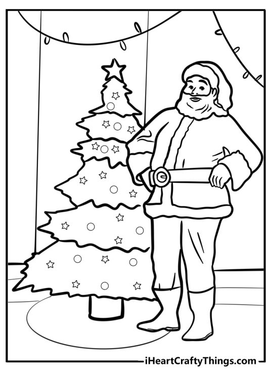 Drawing to print and color featuring Santa Claus posing proudly by a Christmas tree