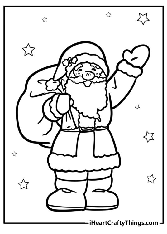 Printable image of a cartoony Santa waving to us and smiling surrounded by stars
