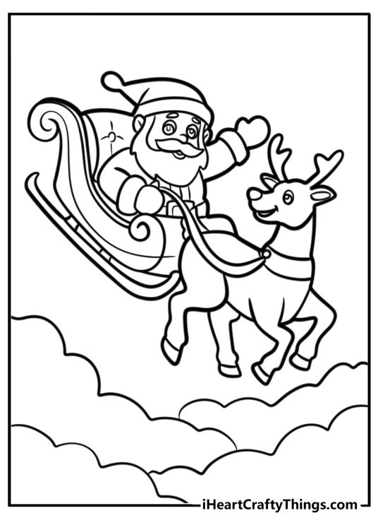 Black-and-white poster for kids of a Santa with his reindeer and sleigh flying up in the sky