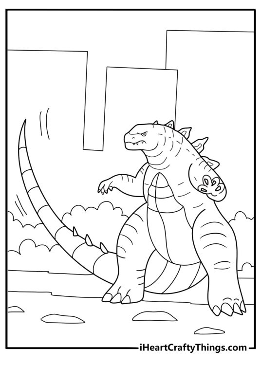 scary monster Godzilla looking like dinosaur walking towards prey free printable for kids