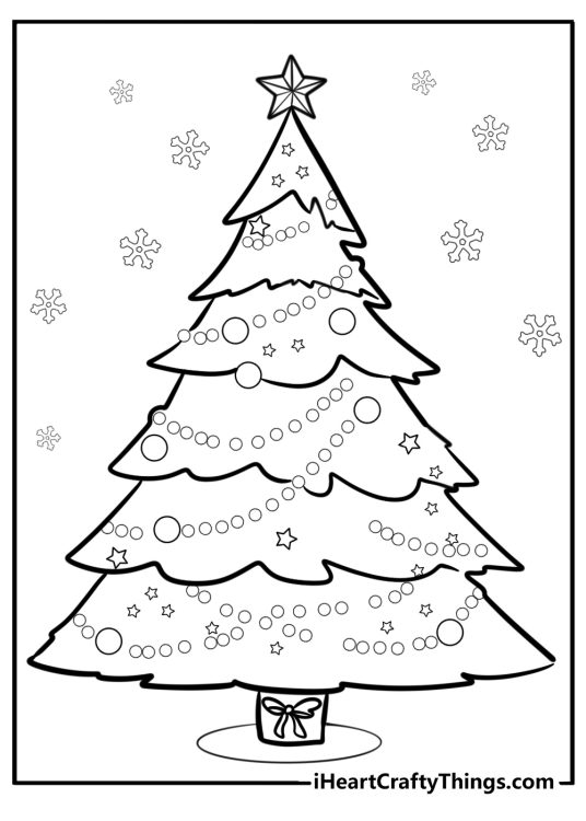 Printable drawing depicting wide Christmas tree full of baubles with snowflakes in the background